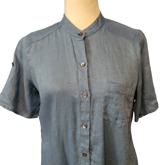 J.Jill Linen Blouse Buttondown Short Sleeve Blue  Casual Career Womens Small - Picture 2 of 11